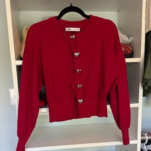 Zara Bright Red Cropped Cardigan with Heart Buttons